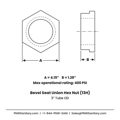 3.000" Bevel Seat Union Hex Nut - (13H) - 304 Stainless