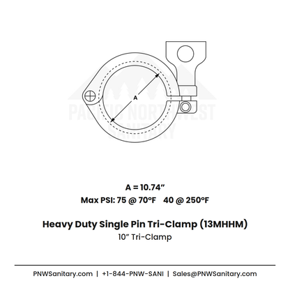 10.000" Heavy Duty Single Pin Clamp - (13MHHM) - 304 Stainless