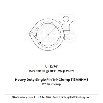 12.000" Heavy Duty Single Pin Clamp - (13MHHM) - 304 Stainless