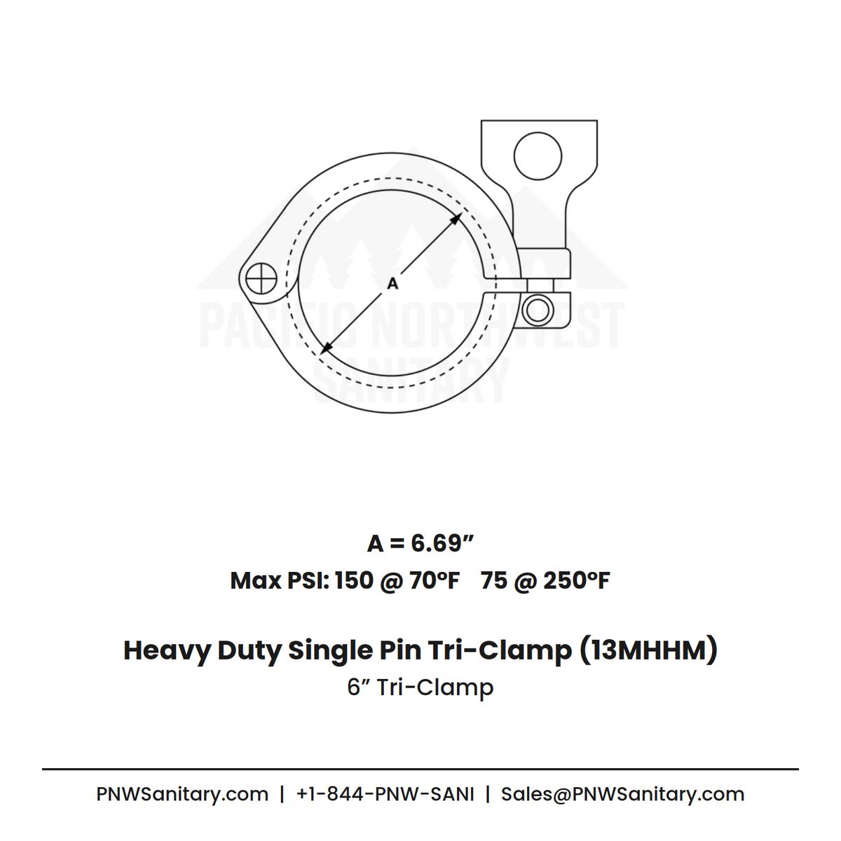 6.000" Heavy Duty Single Pin Clamp - (13MHHM) - 304 Stainless