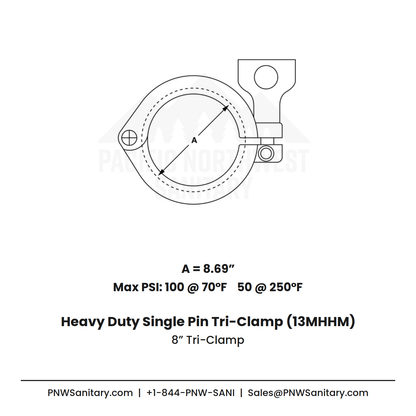8.000" Heavy Duty Single Pin Clamp - (13MHHM) - 304 Stainless