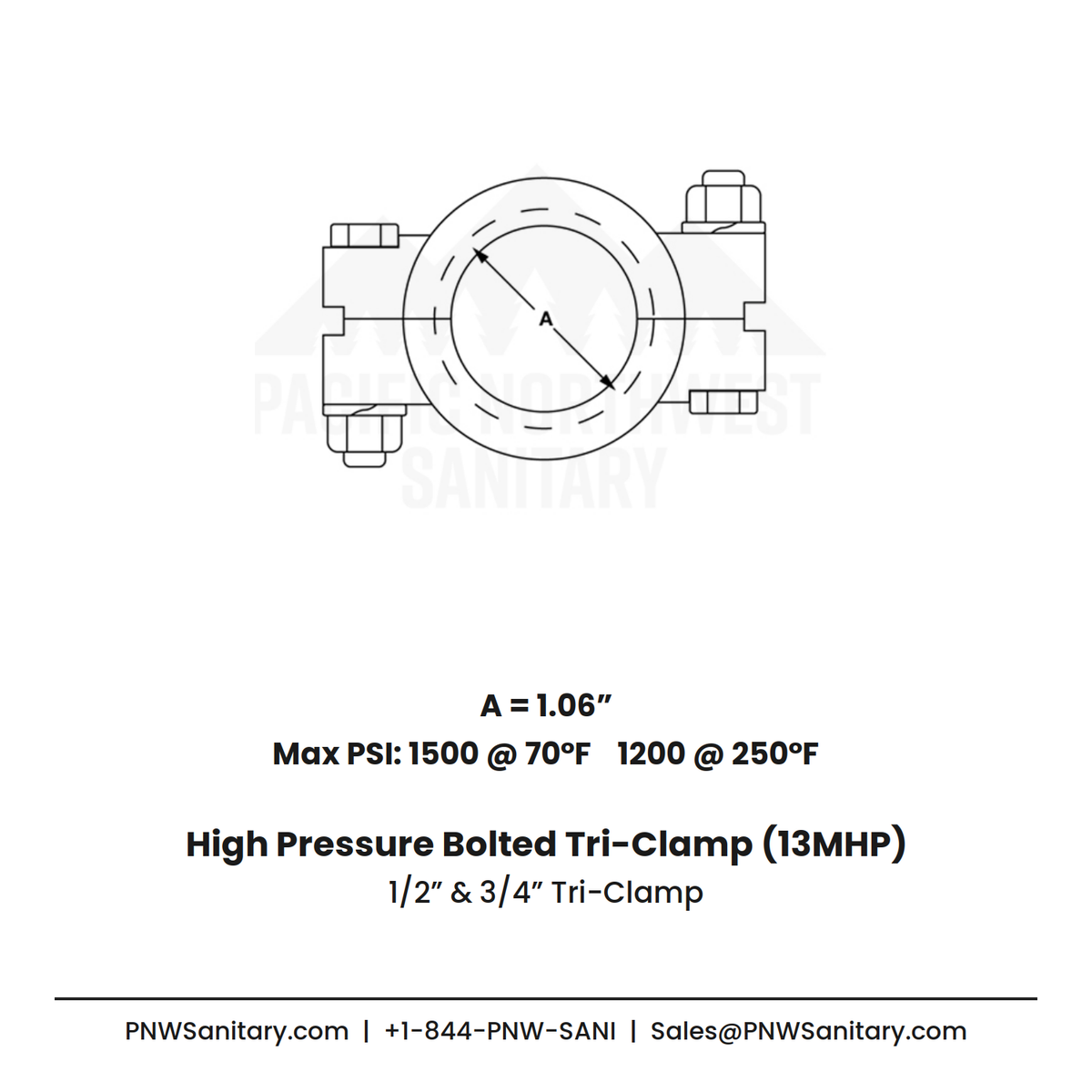 0.500" & 0.750" High Pressure Bolted Tri-Clamp - (13MHP) - 304 Stainless