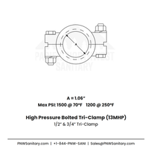 0.500" & 0.750" High Pressure Bolted Tri-Clamp - (13MHP) - 304 Stainless