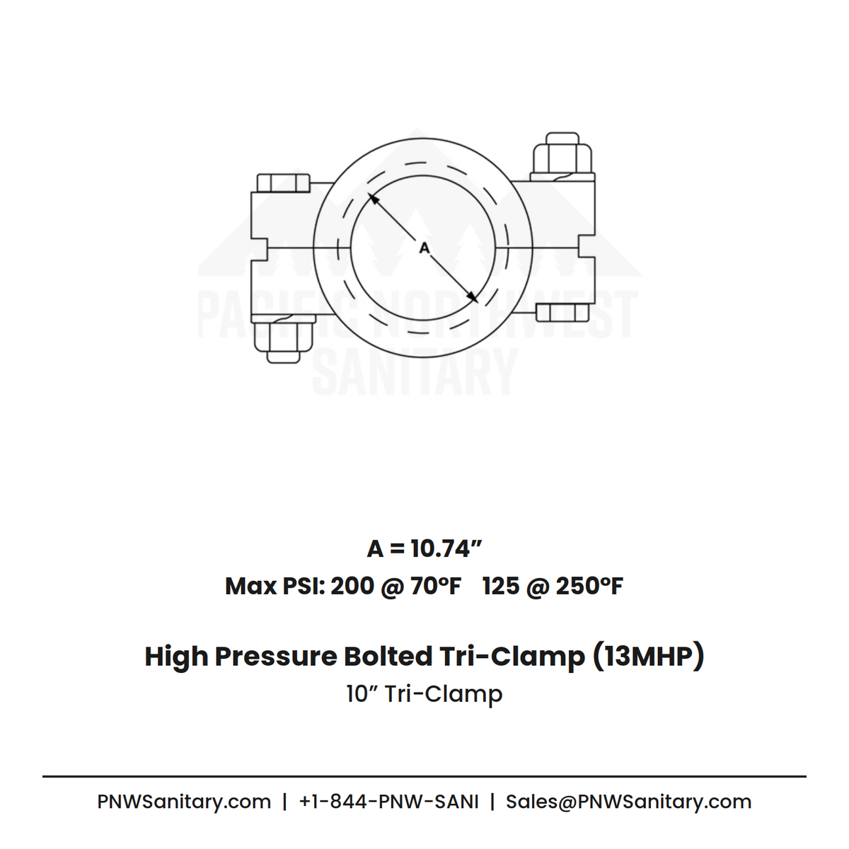 10.000" High Pressure Bolted Tri-Clamp - (13MHP) - 304 Stainless