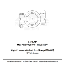 10.000" High Pressure Bolted Tri-Clamp - (13MHP) - 304 Stainless
