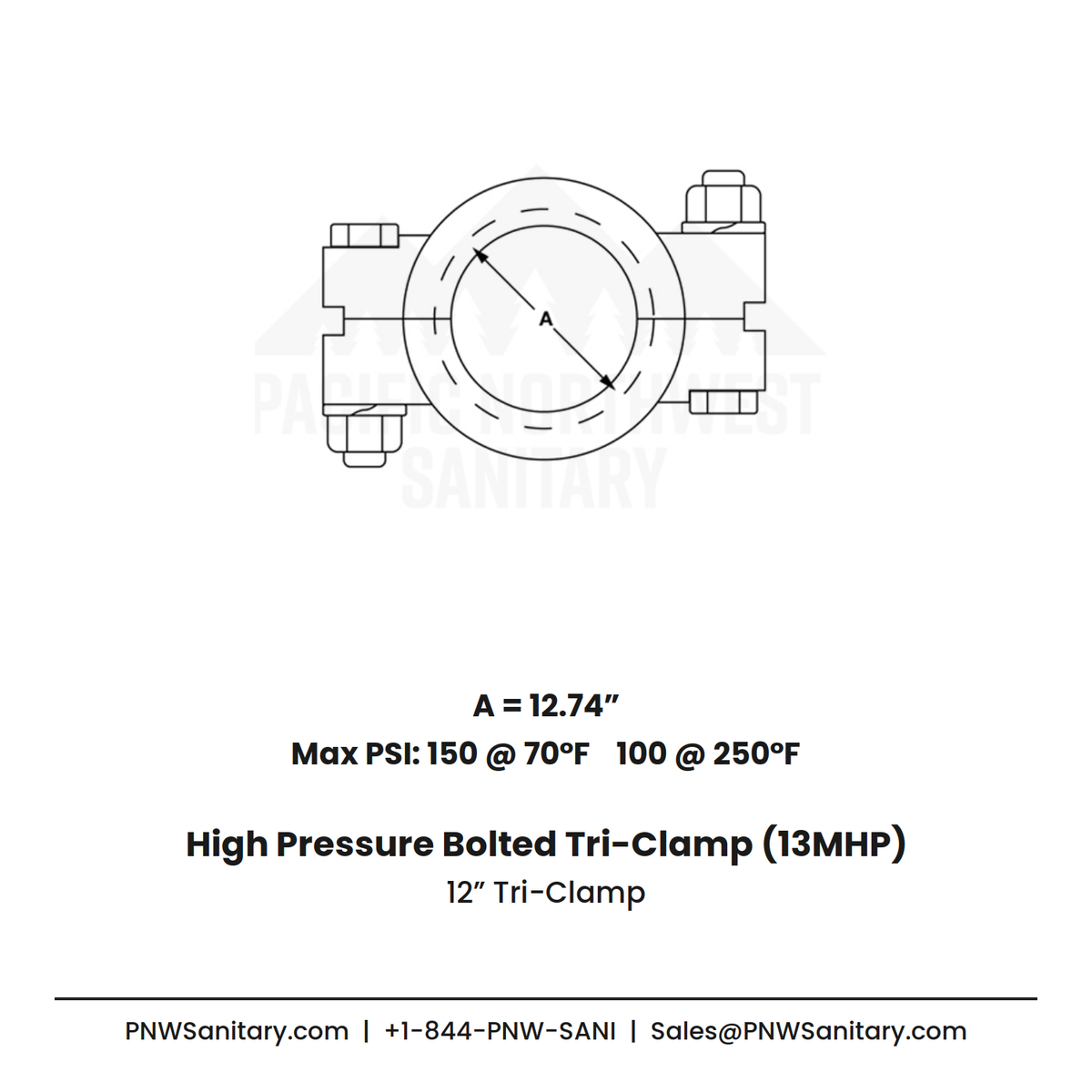 12.000" High Pressure Bolted Tri-Clamp - (13MHP) - 304 Stainless