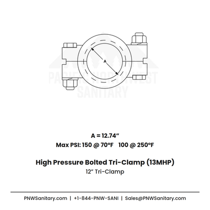 12.000" High Pressure Bolted Tri-Clamp - (13MHP) - 304 Stainless