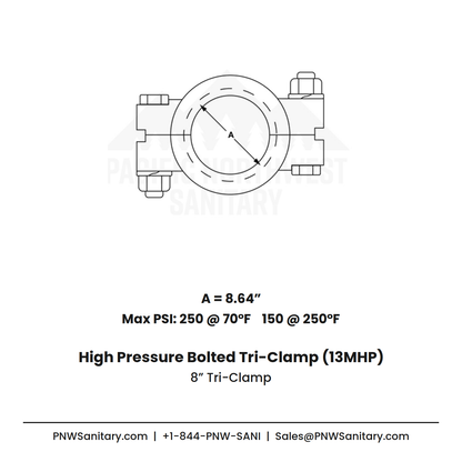 8.000" High Pressure Bolted Tri-Clamp - (13MHP) - 304 Stainless