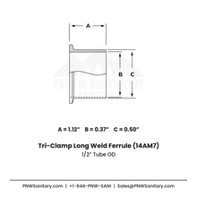 0.500" Tri-Clamp Long Weld Ferrule - (14AM7) - 316L Stainless