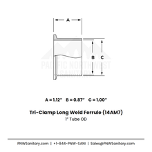 1.000" Tri-Clamp Long Weld Ferrule - (14AM7) - 316L Stainless