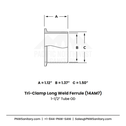 1.500" Tri-Clamp Long Weld Ferrule - (14AM7) - 316L Stainless