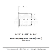 10.000" Tri-Clamp Long Weld Ferrule - (14AM7) - 304 Stainless