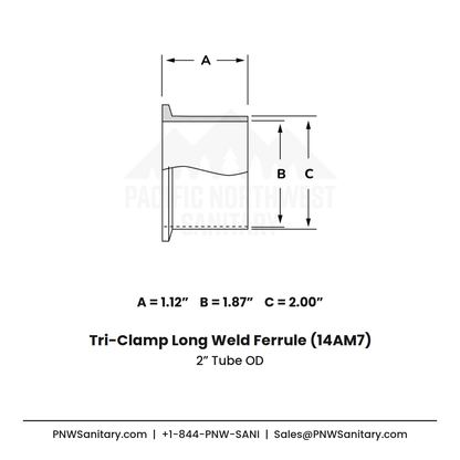 2.000" Tri-Clamp Long Weld Ferrule - (14AM7) - 304 Stainless
