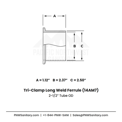 2.500" Tri-Clamp Long Weld Ferrule - (14AM7) - 304 Stainless