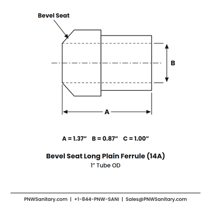 1.000" Bevel Seat Long Plain Ferrule - (14A) - 304 Stainless