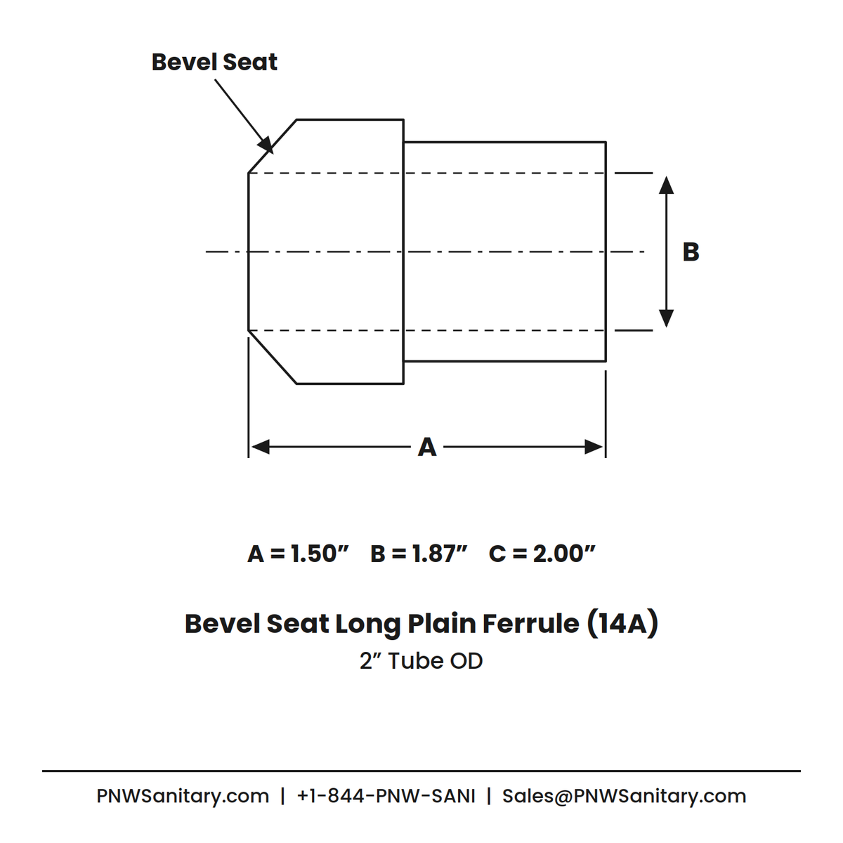2.000" Bevel Seat Long Plain Ferrule - (14A) - 316L Stainless