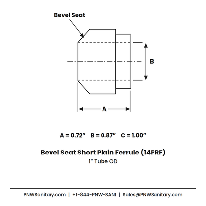 1.000" Bevel Seat Short Plain Ferrule - (14PRF) - 304 Stainless
