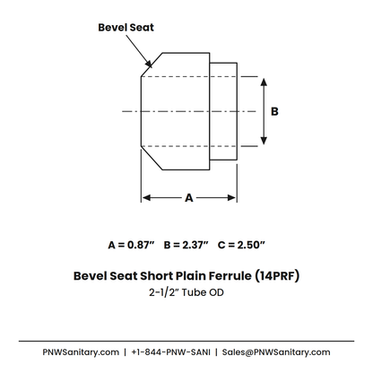 2.500" Bevel Seat Short Plain Ferrule - (14PRF) - 316L Stainless