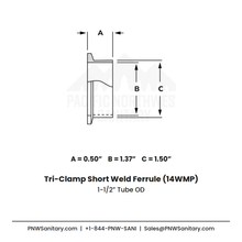 1.500" Tri-Clamp Short Weld Ferrule - (14WMP) - 304 Stainless