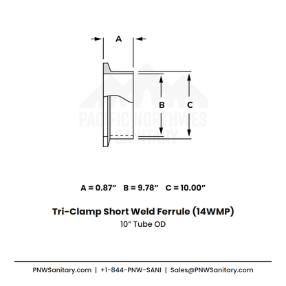 10.000" Tri-Clamp Short Weld Ferrule - (14WMP) - 316L Stainless