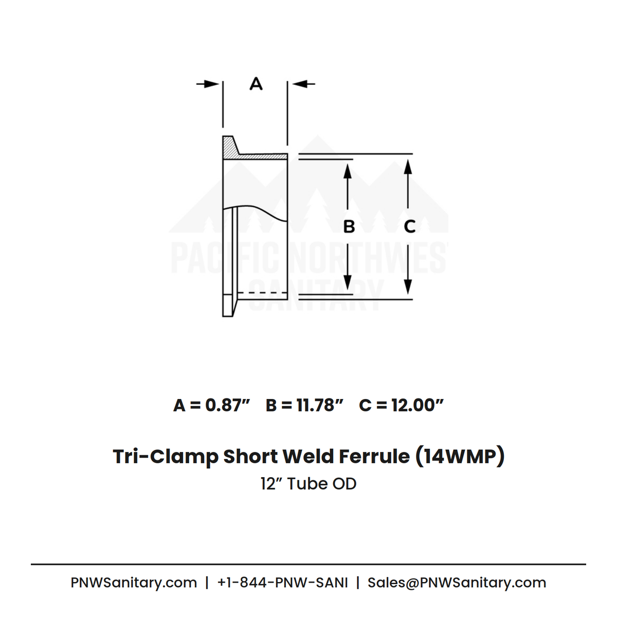12.000" Tri-Clamp Short Weld Ferrule - (14WMP) - 316L Stainless