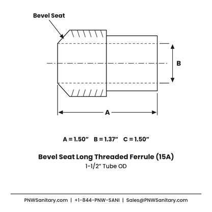 1.500" Bevel Seat Long Threaded Ferrule - (15A) - 316L Stainless