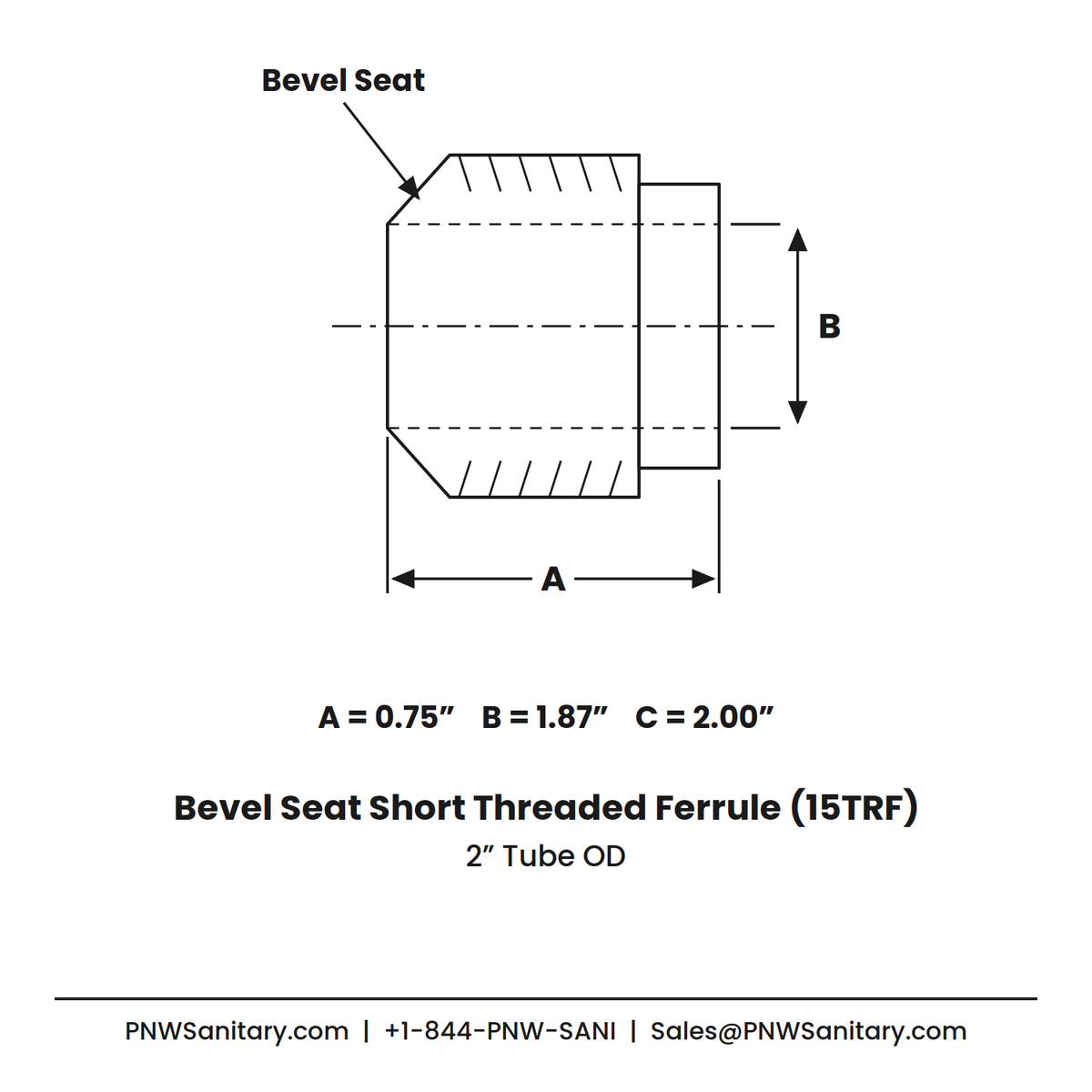 2.000" Bevel Seat Short Threaded Ferrule - (15TRF) - 304 Stainless