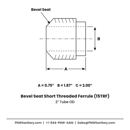 2.000" Bevel Seat Short Threaded Ferrule - (15TRF) - 304 Stainless