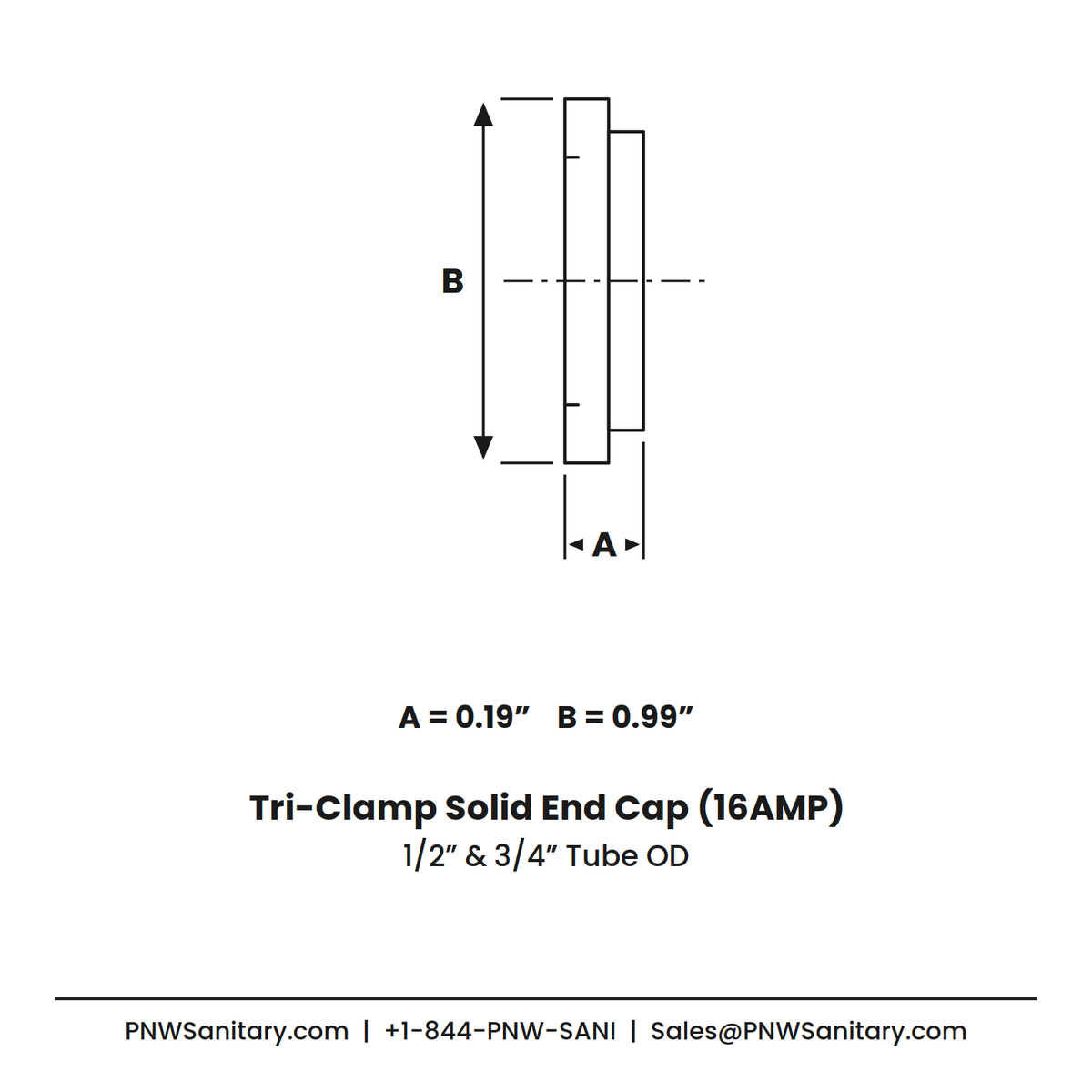 0.500 & 0.750" Tri-Clamp Solid End Cap - (16AMP) - 316L Stainless