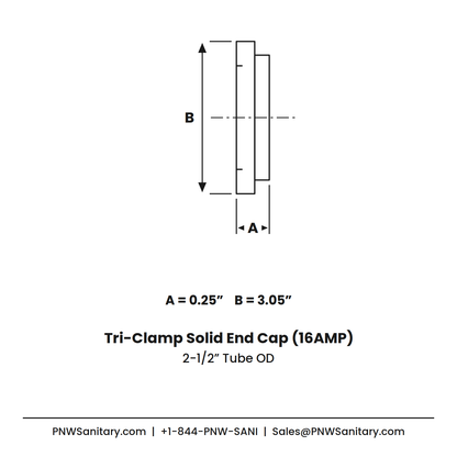 2.500" Tri-Clamp Solid End Cap - (16AMP) - 304 Stainless