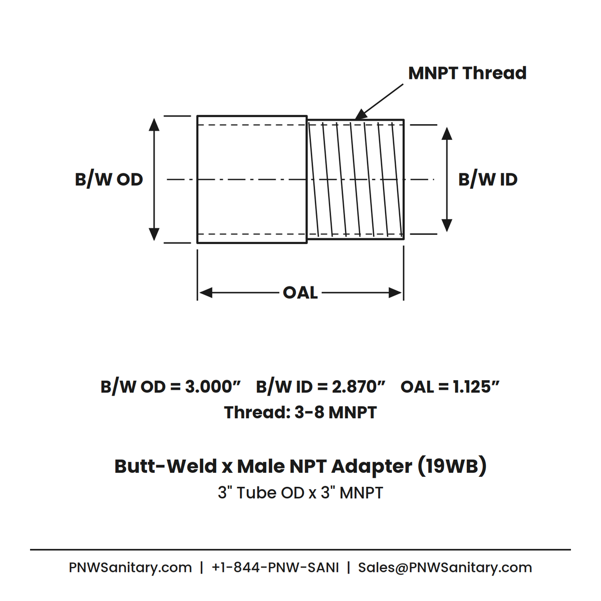 Butt-Weld x Male NPT Adapter - 3.000" OD Butt-Weld x 3" MNPT - (19WB) - 304 Stainless