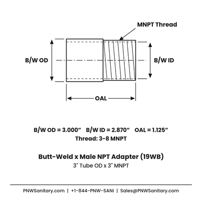 Butt-Weld x Male NPT Adapter - 3.000" OD Butt-Weld x 3" MNPT - (19WB) - 304 Stainless