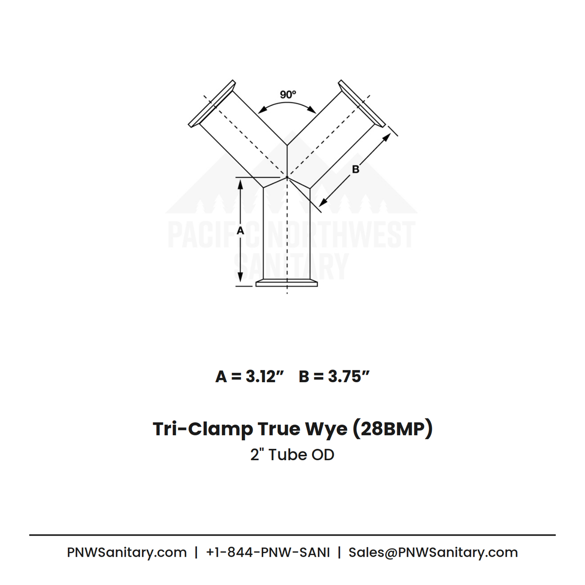 2.000" OD 16ga Tri-Clamp True Wye - (28BMP) - Polished OD/ID - 316L Stainless