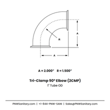 1.000" OD 16ga Tri-Clamp 90° Elbow - (2CMP) - Polished OD/ID - 304 Stainless