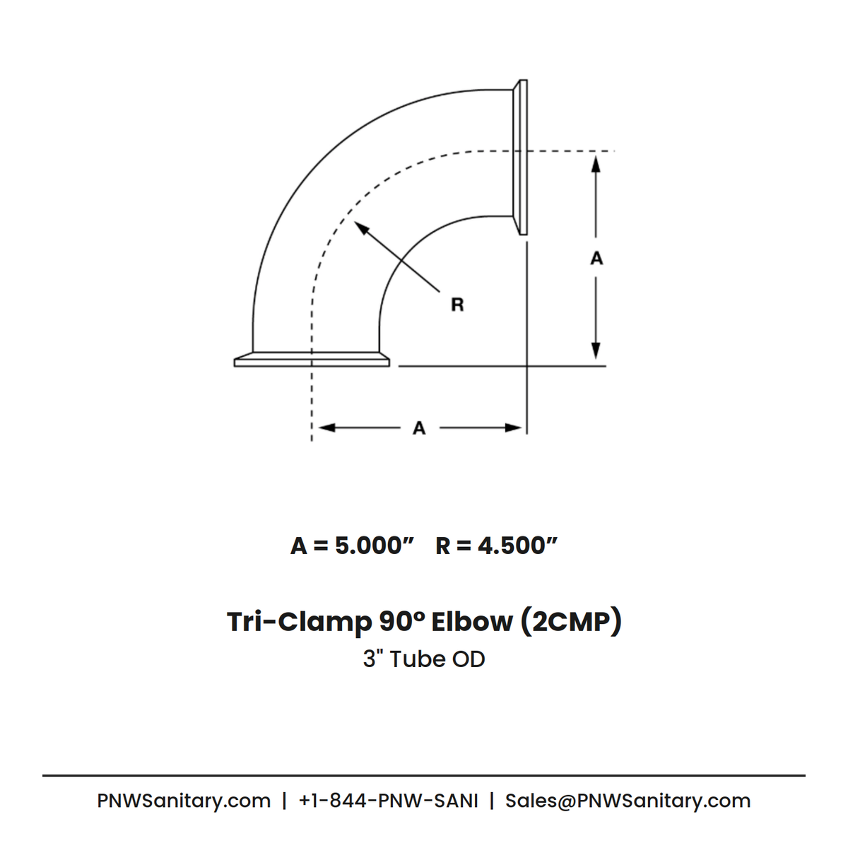 3.000" OD 16ga Tri-Clamp 90° Elbow - (2CMP) - Polished OD/ID - 304 Stainless