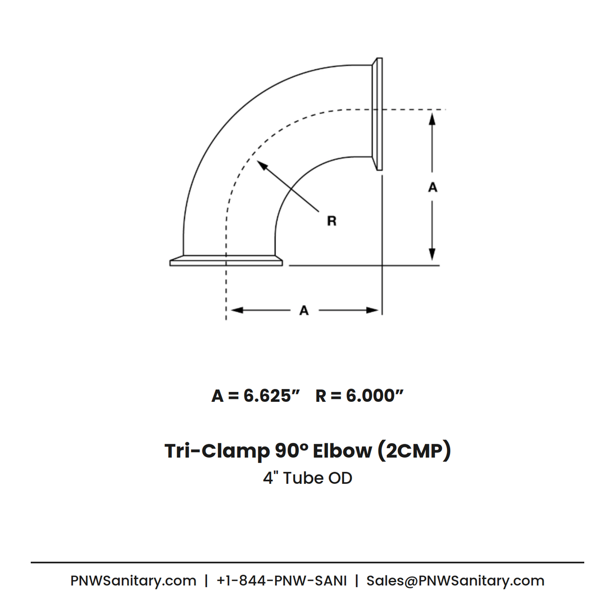4.000" OD 14ga Tri-Clamp 90° Elbow - (2CMP) - Polished OD/ID - 304 Stainless