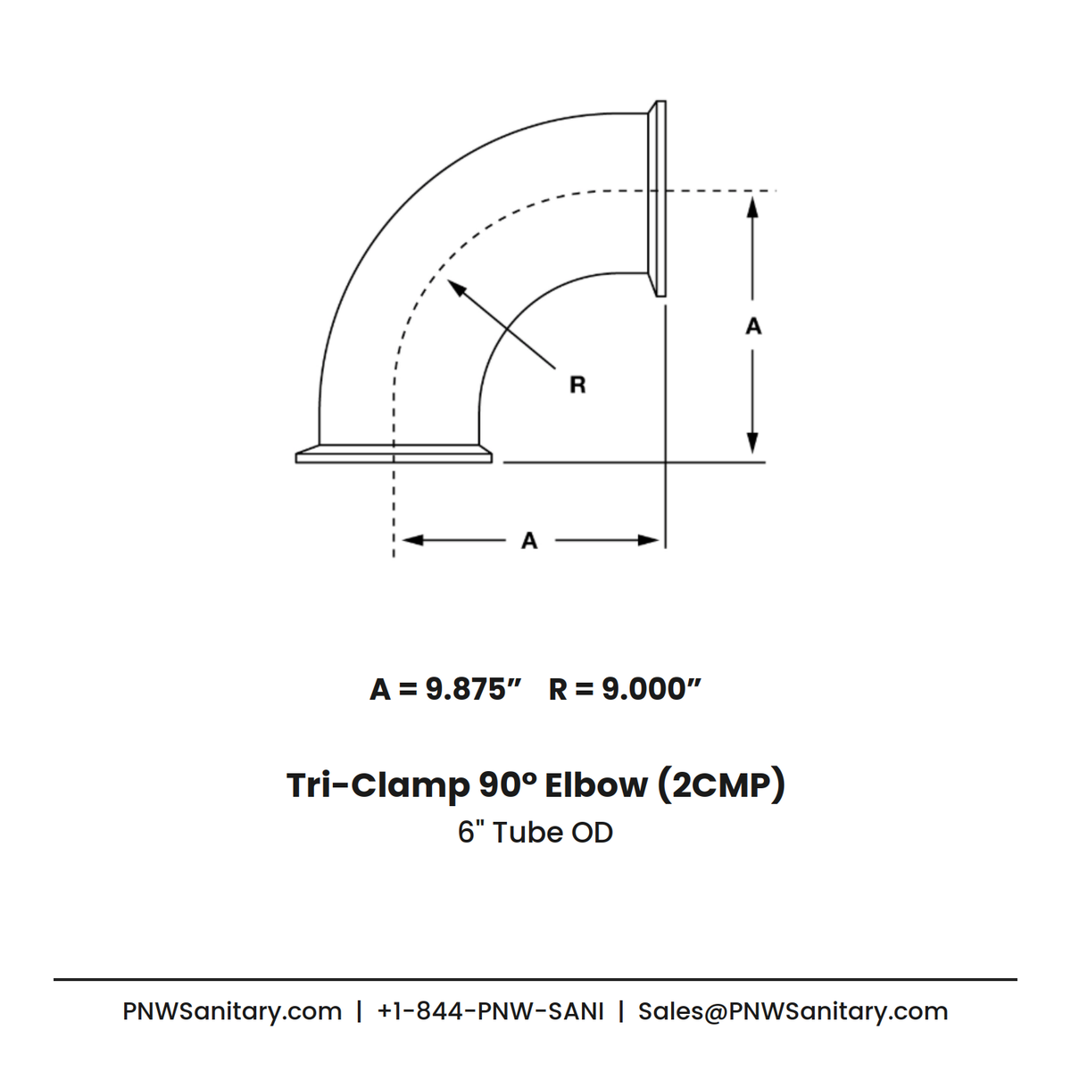6.000" OD 12ga Tri-Clamp 90° Elbow - (2CMP) - Polished OD/ID - 316L Stainless