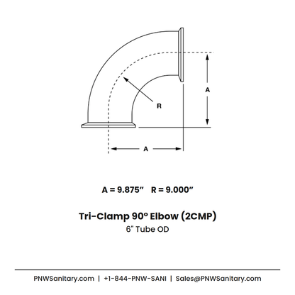 6.000" OD 12ga Tri-Clamp 90° Elbow - (2CMP) - Polished OD/ID - 316L Stainless