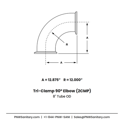 8.000" OD 12ga Tri-Clamp 90° Elbow - (2CMP) - Polished OD/ID - 304 Stainless