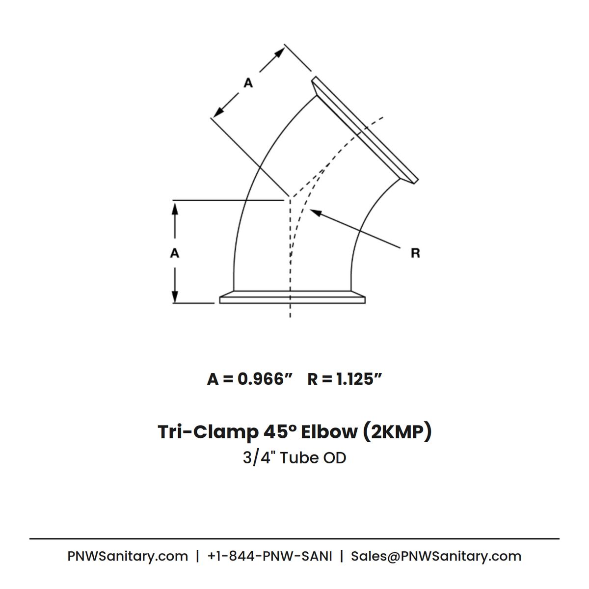 0.750" OD 16ga Tri-Clamp 45° Elbow - (2KMP) - Polished OD/ID - 316L Stainless