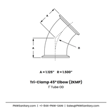 1.000" OD 16ga Tri-Clamp 45° Elbow - (2KMP) - Polished OD/ID - 304 Stainless