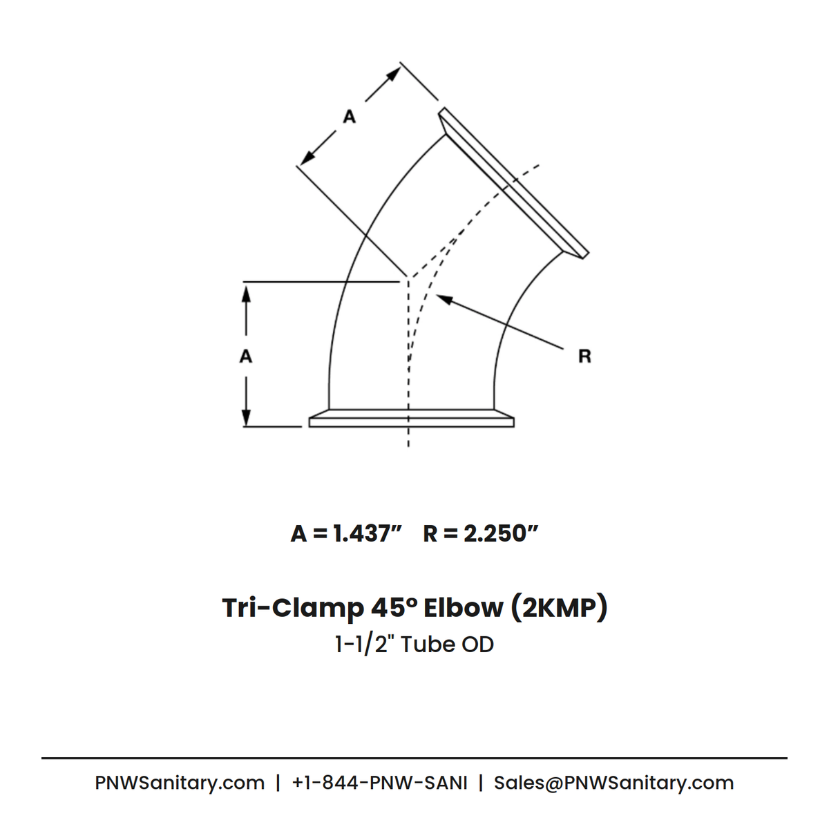 1.500" OD 16ga Tri-Clamp 45° Elbow - (2KMP) - Polished OD/ID - 316L Stainless