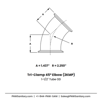 1.500" OD 16ga Tri-Clamp 45° Elbow - (2KMP) - Polished OD/ID - 316L Stainless