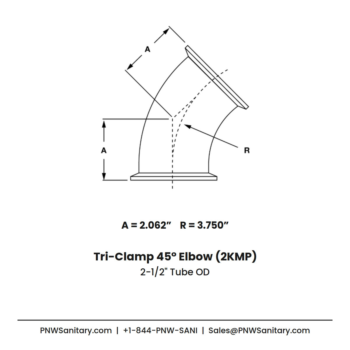 2.500" OD 16ga Tri-Clamp 45° Elbow - (2KMP) - Polished OD/ID - 304 Stainless