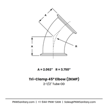 2.500" OD 16ga Tri-Clamp 45° Elbow - (2KMP) - Polished OD/ID - 304 Stainless