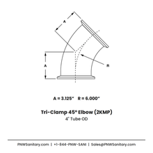4.000" OD 14ga Tri-Clamp 45° Elbow - (2KMP) - Polished OD/ID - 304 Stainless