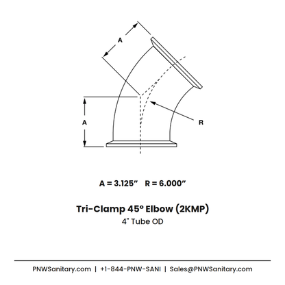 4.000" OD 14ga Tri-Clamp 45° Elbow - (2KMP) - Polished OD/ID - 304 Stainless