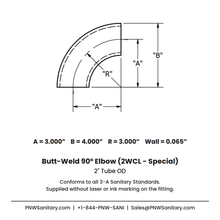 2.000" 16ga Butt-Weld 90° Elbow - (2WCL - Special) - Polished OD/ID - 304 Stainless