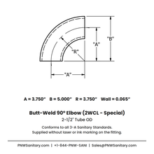 2.500" 16ga Butt-Weld 90° Elbow - (2WCL - Special) - Polished OD/ID - 304 Stainless
