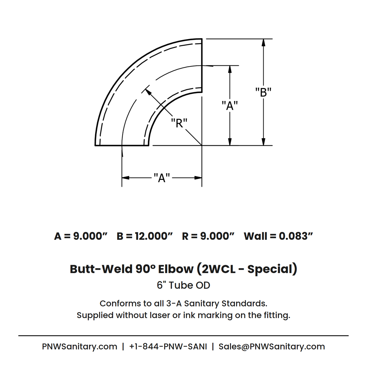 6.000" OD 14ga Butt-Weld 90° Elbow - (2WCL - Special) - Polished OD/ID - 304 Stainless